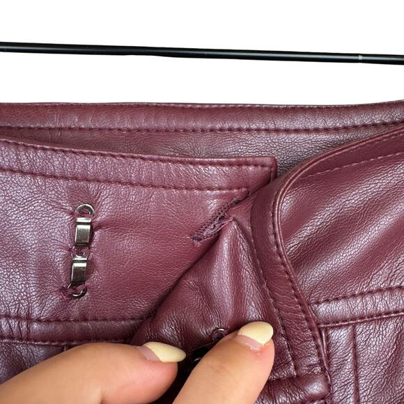 Lucy Paris Maroon Burgundy Faux Leather Cropped Bootcut High Waist Belted Pants - Picture 8 of 12
